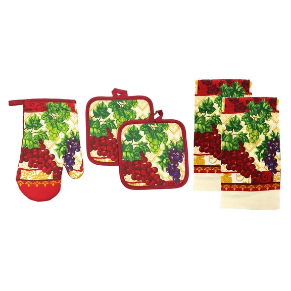 Kitchen Collection 5-Piece Grapevine Kitchen Linen Set, Red-Cream