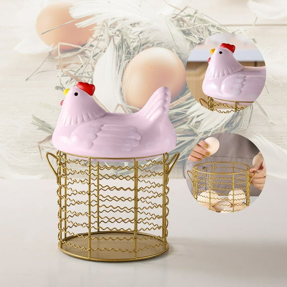 Kitchen Colorful Design Eggs Basket Ceramic Chicken-Shaped Lid, Round Wire Basket Bottom And Handle on Clearance