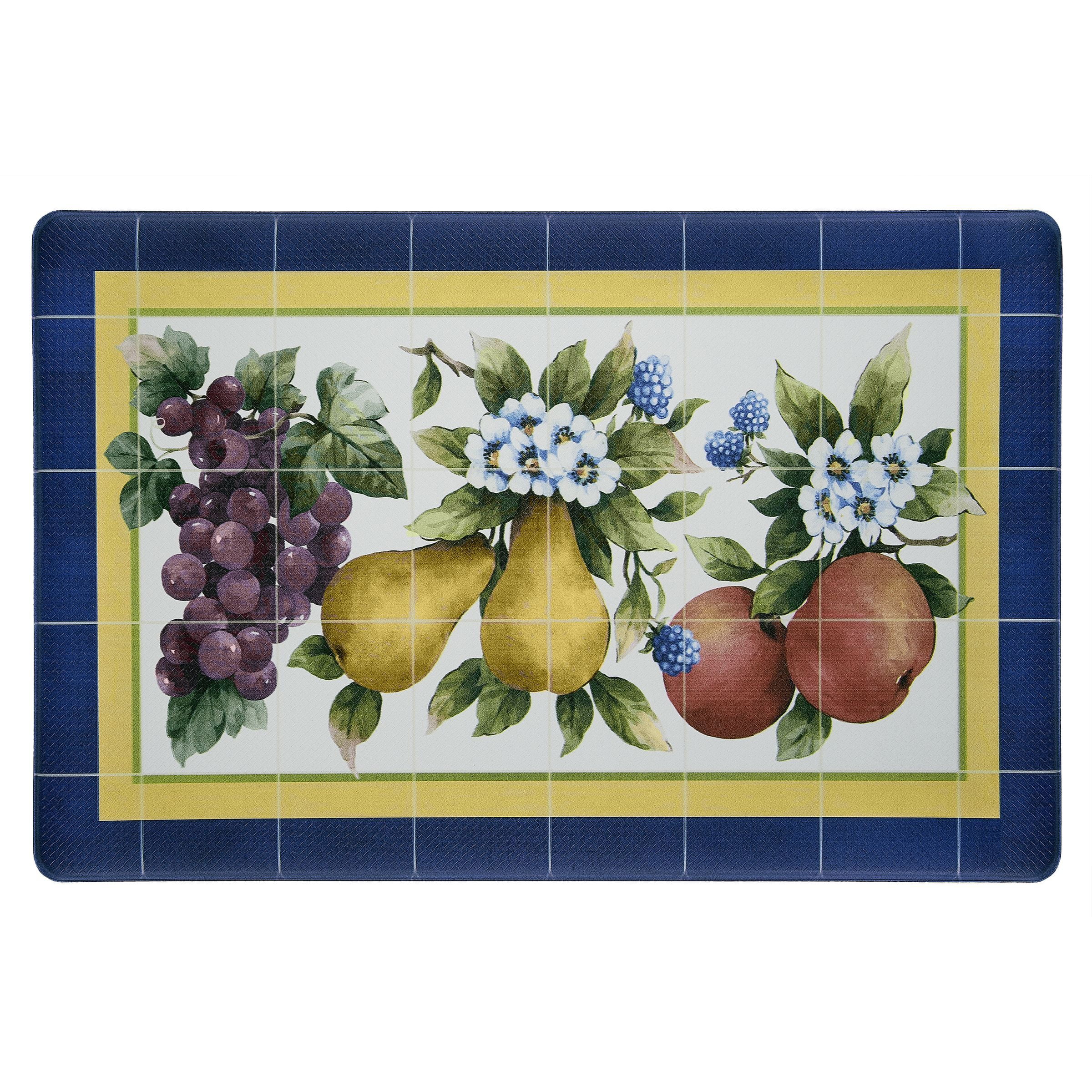 Oversized Blue and Yellow PVC Anti-Fatigue Kitchen Mat with Fruity Tiles