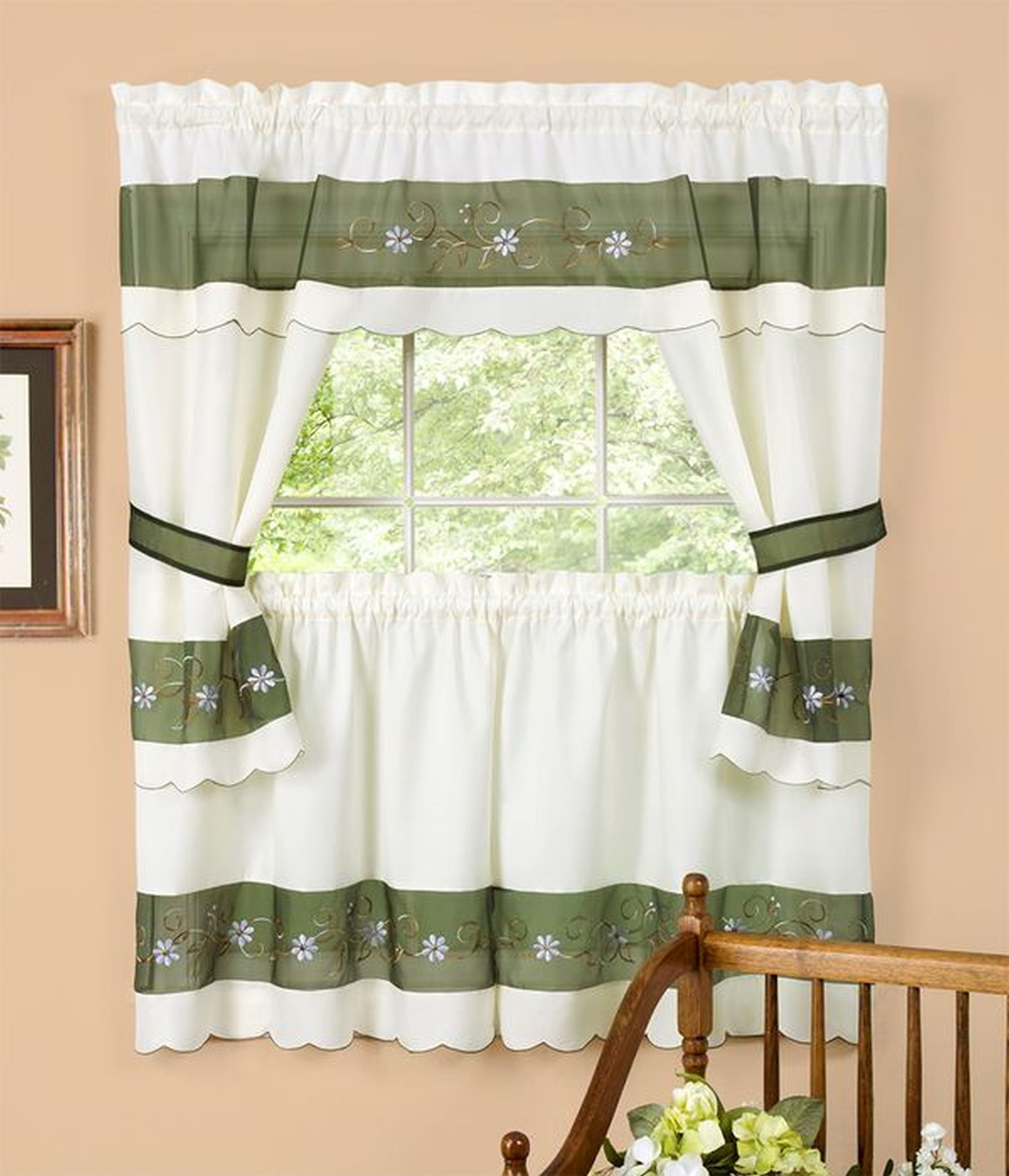 Green and White Floral Embroidered Faux Silk Tier Curtains