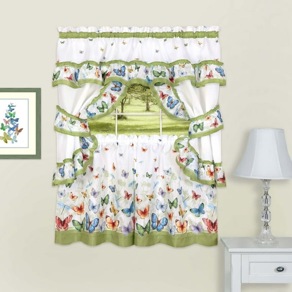 Kitchen Comfort Butterflies Printed Cottage Window Curtain Set - 57x36 - Green
