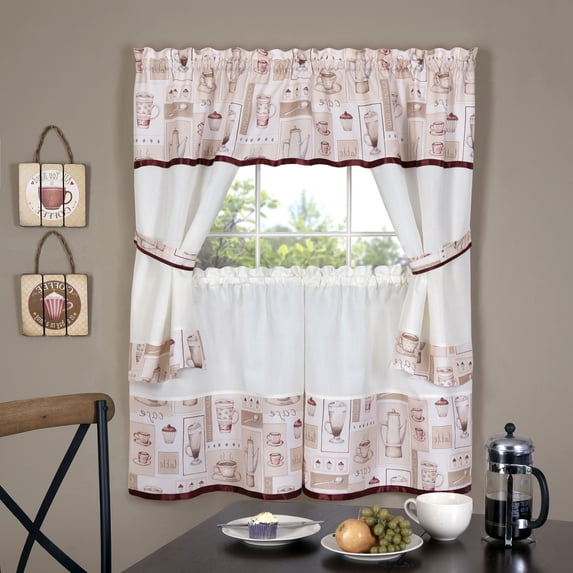 Kitchen Comfort Cappuccino Embellished Cottage Window Curtain Set 58x36