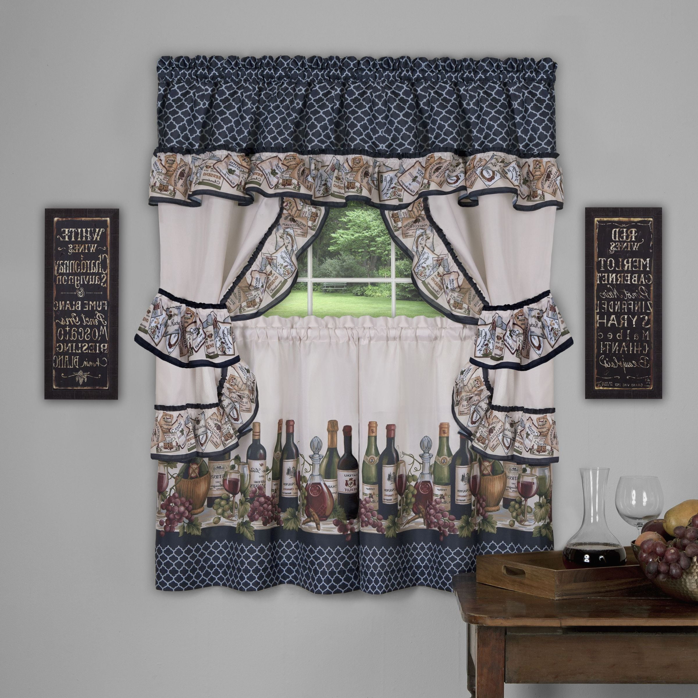 Navy Floral Print Polyester Kitchen Tier Curtain Set