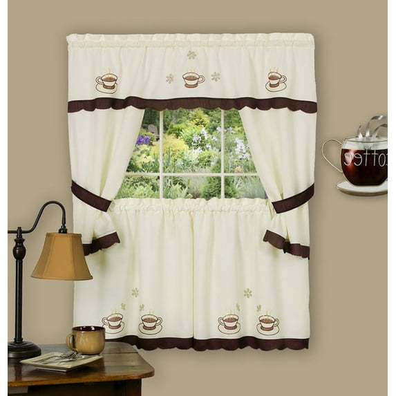 Traditional Elegance Cuppa Joe Embellished Cottage Window Curtain Set 58x36