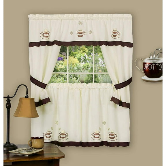 Kitchen Comfort Cuppa Joe Embellished Cottage Window Curtain Set 58x36