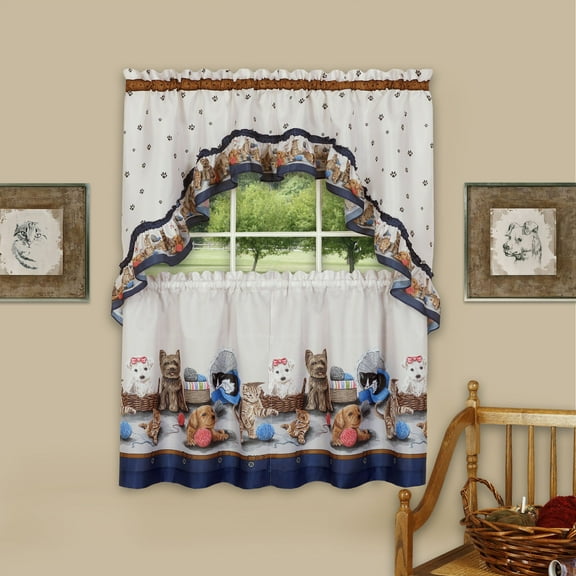 Kitchen Comfort Precious Printed Tier and Swag Window Curtain Set - 57x36 - Navy