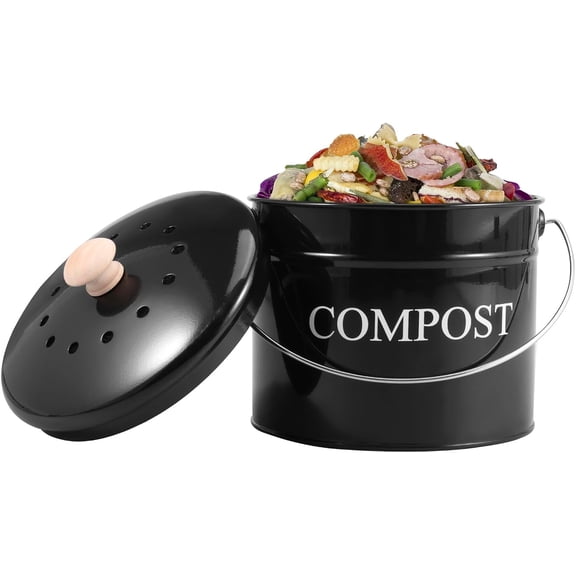 Kitchen Compost Bin 0.8 Gallon Metal Countertop Compost Bin with Lid and Handle, Smell Resistant Indoor Waste Bucket for Food Waste(Black,1)
