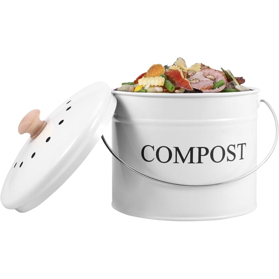 Kitchen Compost Bin 0.8 Gallon Metal Countertop Compost Bin with Lid and Handle, Smell Resistant Indoor Waste Bucket for Food Waste(White,1)