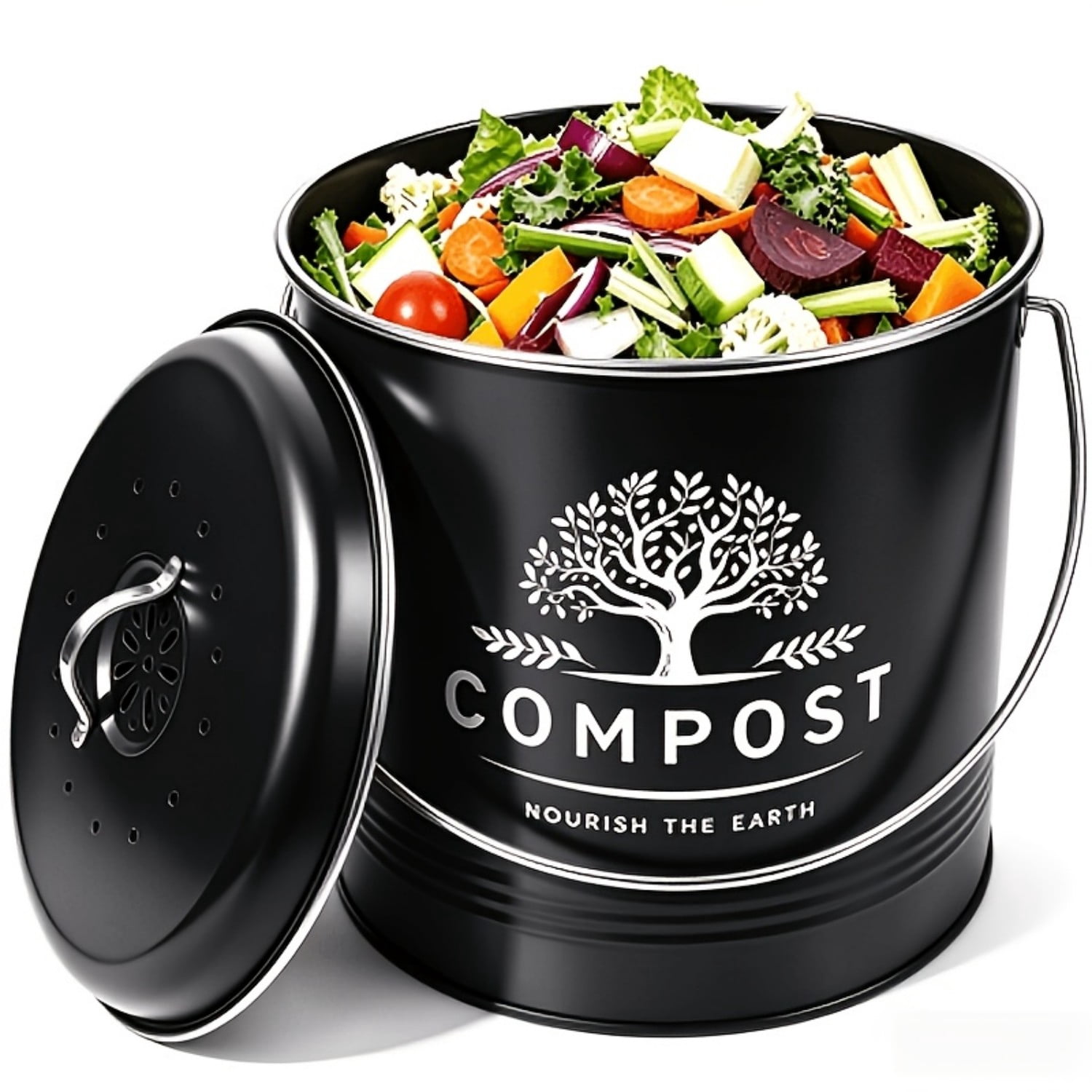 Composted Food Kitchen Compost Bin, 1.3 Gal Galvanized Iron Countertop Food Waste Pail ...