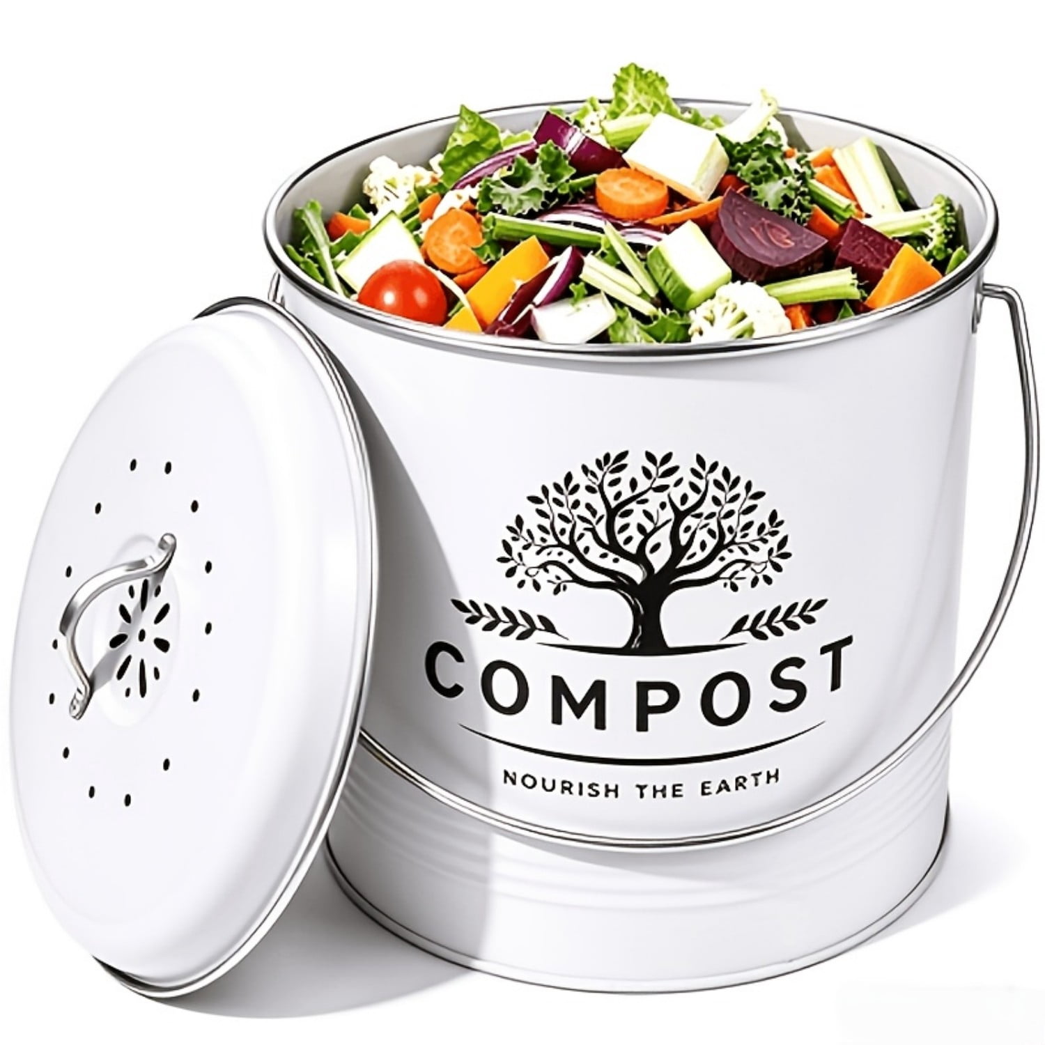 Composted Food Kitchen Compost Bin, 1.3 Gal Galvanized Iron Countertop Food Waste Pail ...