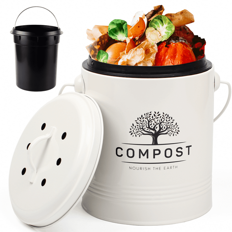 Barnyard Designs Kitchen Compost Bin Kitchen Counter Indoor Compost Bin, Countertop  Compost Bin with Lid, Composting Bin Food Waste Composter Bin Cycler Bucket  with Filter, 1.2 Gallon 7”x9.5”, White 