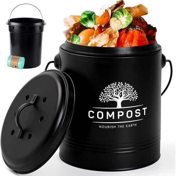 Kitchen Compost Bin, 1.3 Gallon Countertop Compost Bin with Lid, Indoor Compost Bucket Includes Inner Bucket Liner and Carbon Filter, Small Compost Bin (Without Bags, Cream)
