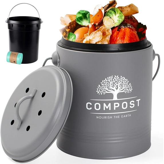 Kitchen Compost Bin, 1.3 Gallon Countertop Compost Bin with Lid, Indoor Compost Bucket Includes Inner Bucket Liner and Carbon Filter, Small Compost Bin (Without Bags, Cream)