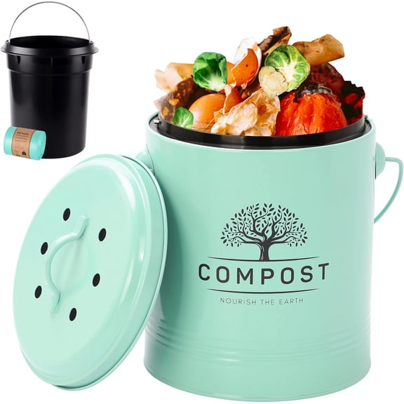 Kitchen Compost Bin, 1.3 Gallon Countertop Compost Bin with Lid, Indoor Compost Bucket Includes Inner Bucket Liner and Carbon Filter, Small Compost Bin (Without Bags, Cream)