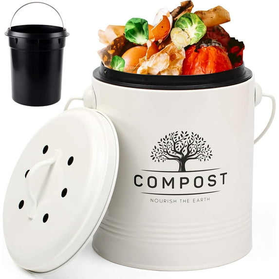 Kitchen Compost Bin, 1.3 Gallon Countertop Compost Bin with Lid, Indoor Compost Bucket Includes Inner Bucket Liner and Carbon Filter, Small Compost Bin (Without Bags, Cream)
