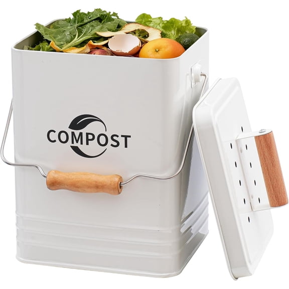 Kitchen Compost Bin, 1.7 Gallon Countertop Compost Bin with Lid and Charcoal Filter, Kitchen Composter for Food Waste, Rust Proof Indoor Bucket, White