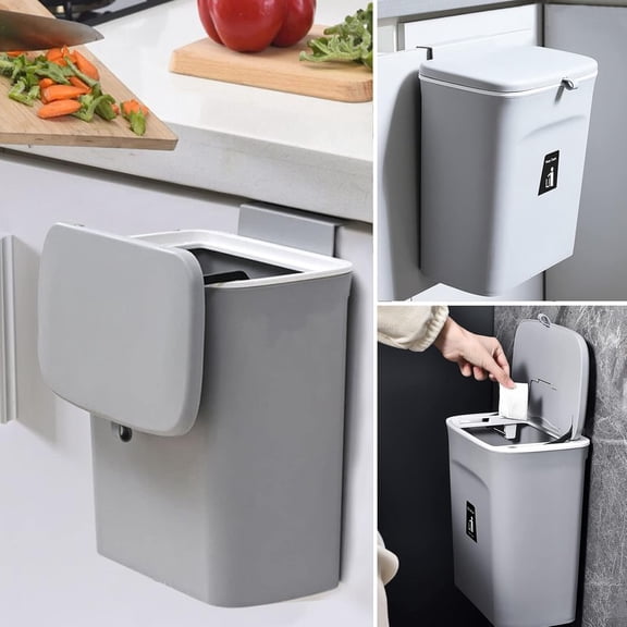 Kitchen Compost Bin, 2.4 Gallon Hanging Trash Can with Lid, Kitchen Cabinet Door Under Sink Garbage Can Plastic Garbage Can Compost Bin Wall Mounted Slide Open for Kitchen,Bedroom Office,Gray