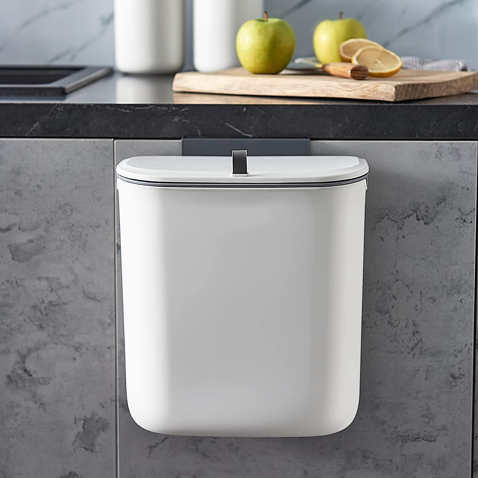 Kitchen Compost Bin, 2.5 Gallon Cabinet Door Hanging Trash Can, Bathroom Wall Sticking Trash Bin, No Fruit Flies Compost Bucket, Under Sink Trash Can Plastic Wall Mounted, White