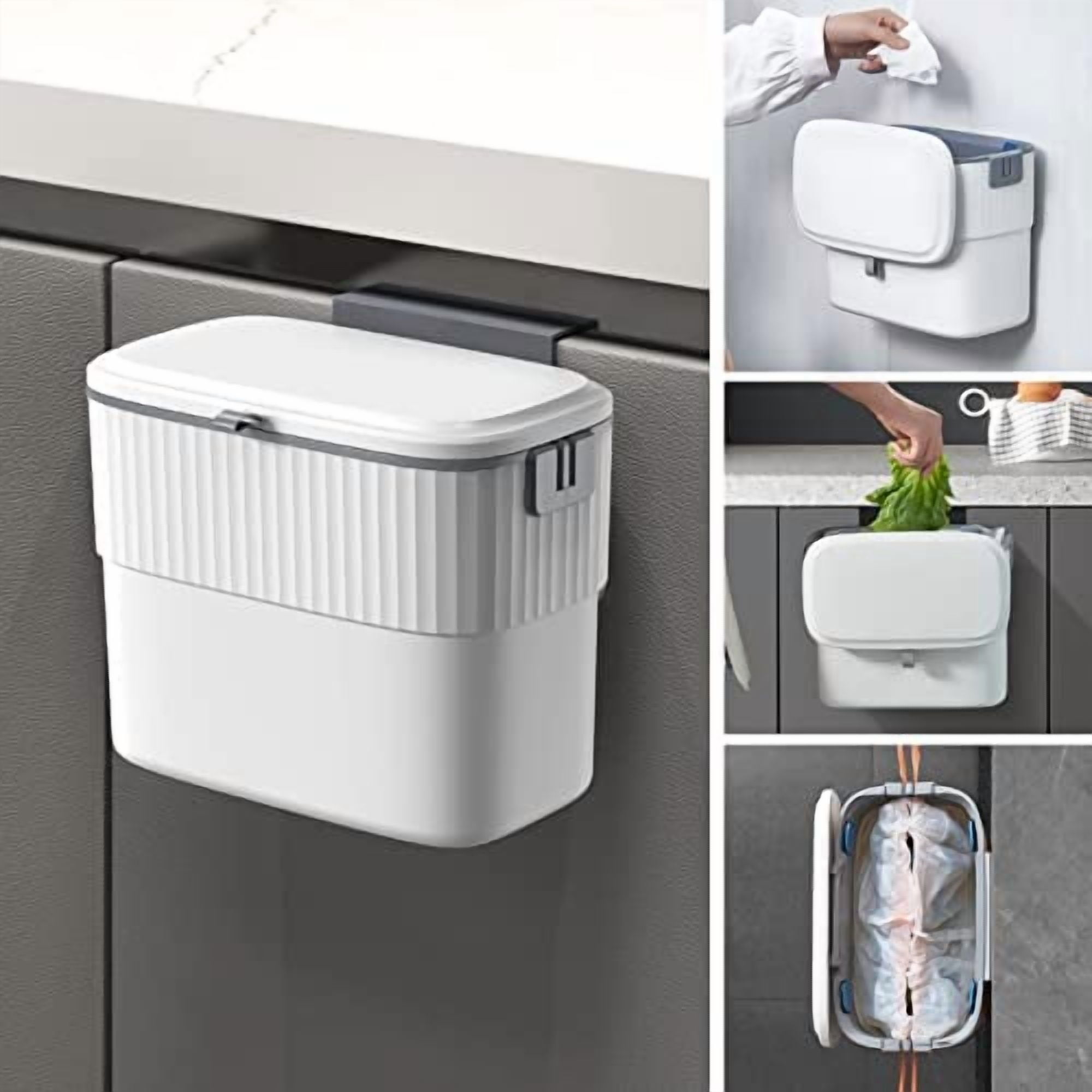 Soddeph 3.2 Gallon Foldable Hanging Trash Can - Cabinet Door Mount With Lid For Kitchen & Bathroom
