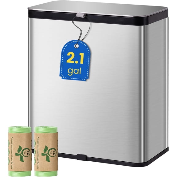 Kitchen Compost Bin with Lid, 2.1 Gallon Stainless Steel Trash Can for Countertop or Under Sink, Hanging Small Kitchen Trash Bin with Removable Inner Bucket, Charcoal Filter for Odor Control