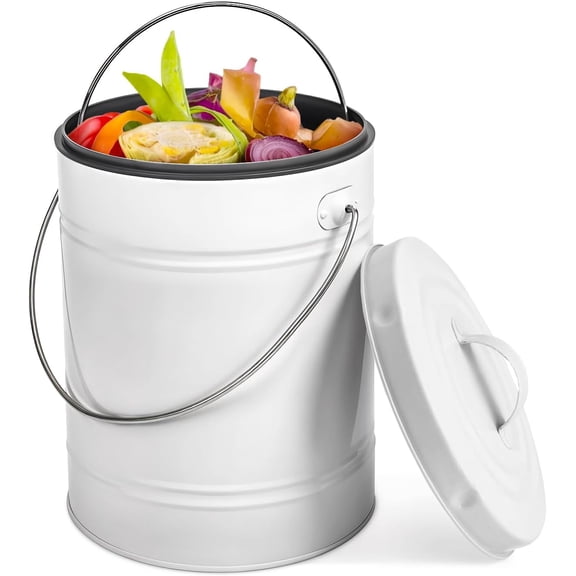 Kitchen Compost Bin with Airflow Lid, 1.3 Gallon Metal Countertop Compost Bucket, Indoor Composter, White