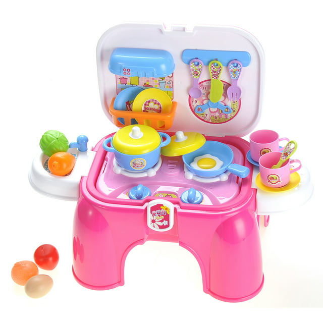 Kitchen Connection Portable Kids Kitchen Cooking Set Toy With Lights And Sounds, Folds Into Stepstool