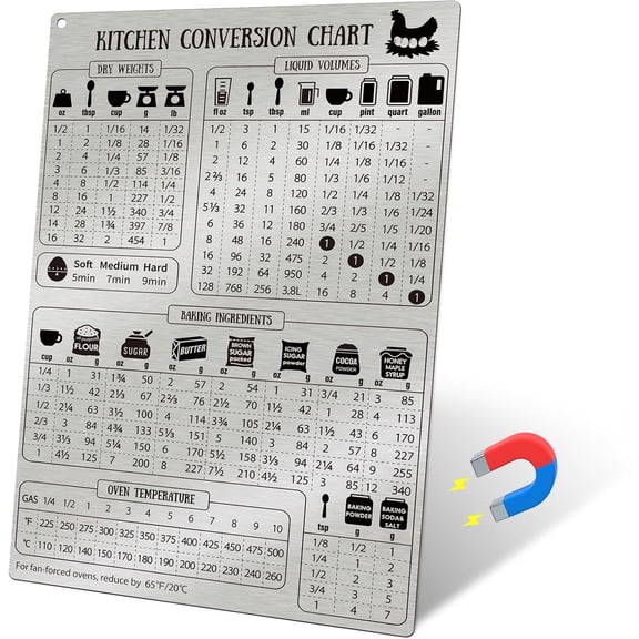 Kitchen Conversion Chart Fridge Magnet, Stainless Steel Baking Ingredient Measurement, Retro Kitchen Accessories Trinkets for Bakers