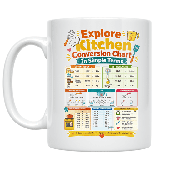 Kitchen Conversion Chart Guide - Beginner Cook - 11 oz Ceramic Coffee Mug