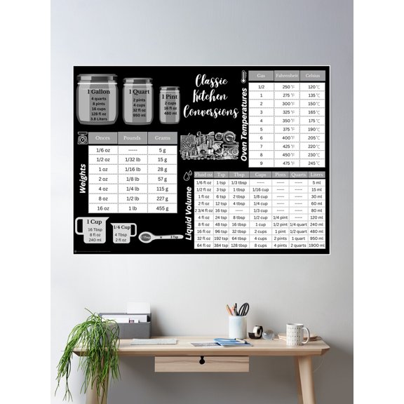 Kitchen Conversion Charts (Black Background) Poster Wall Art, Modern Wall Decor For Living Room Bedroom, 12x18 UNFRAMED