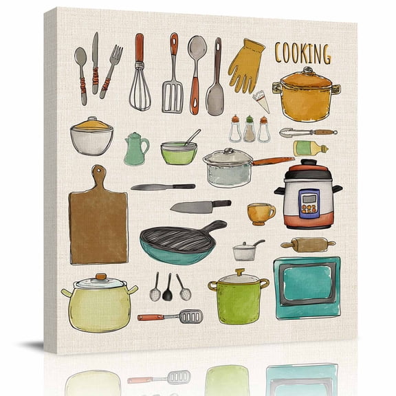 Kitchen Cooking Kitchenware Cartoon Style Canvas Artwork Painting Art, Retro Linen Square Framed Wall Decorations Prints Picture for Bedroom Kitchen Living Room, 8x8 in