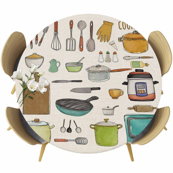 Kitchen Cooking Kitchenware Cartoon Style Fitted Round Tablecloths Table Covers 55"-60",Waterproof Table Cloth for Kitchen Holiday Party Tables Decor
