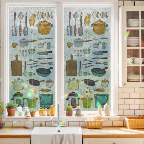 Kitchen Cooking Kitchenware Cartoon Style Window Privacy Film,Decorative Windows Static Cling Retro Linen Heat Control Removable Glass Sticker for Home Bathroom Bedroom Window Door,17.7x39.3in