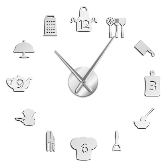 Kitchen Cooking Tools DIY Giant Wall Clock Frameless Large Watches Big Kitchen Wall Stickers Horologe Decorative Design For Home(Silver,27inch)