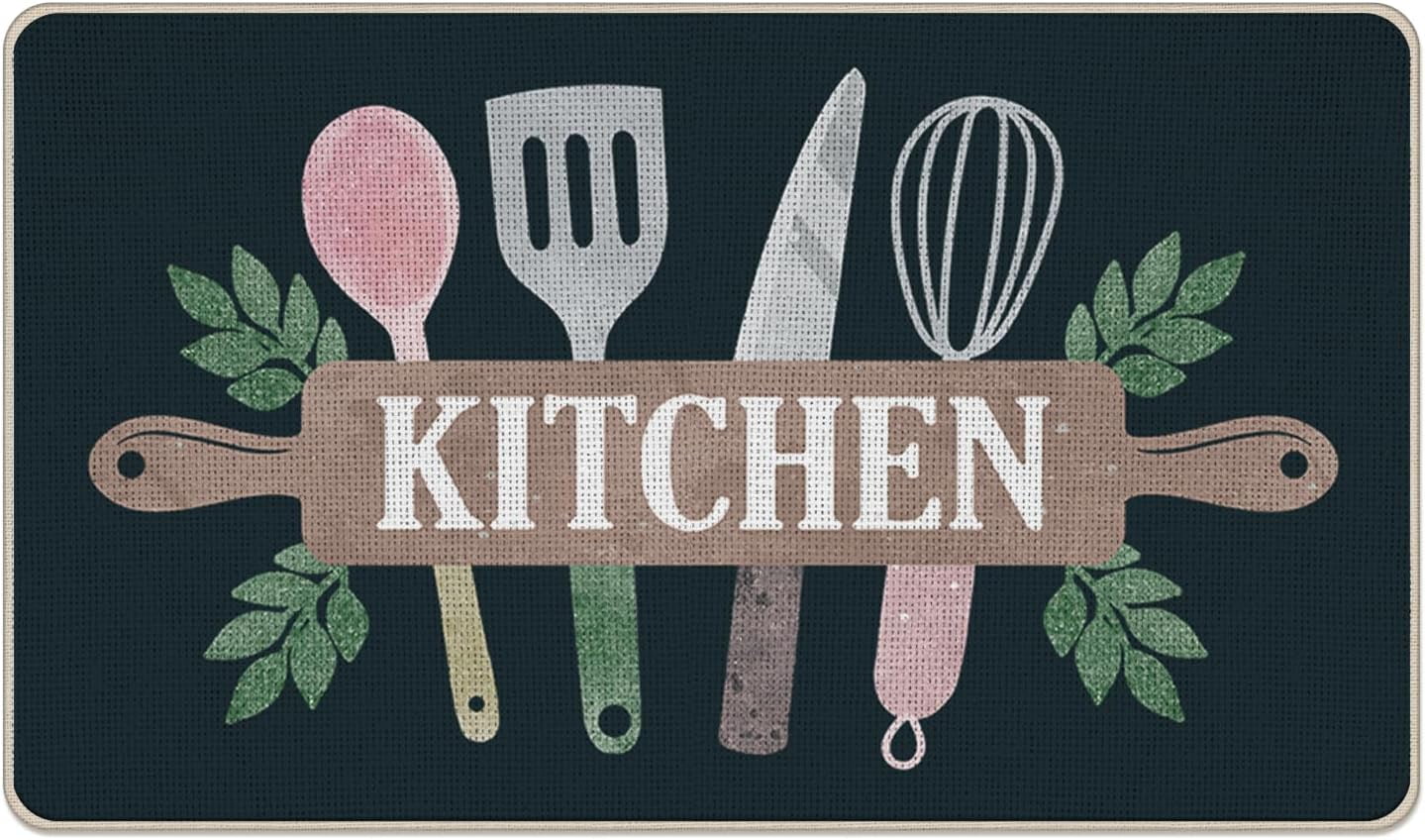 Kitchen Cooking Utensil Decorative Front Door Mat, Kitchen Ware Doormat Indoor Outdoor Non-Slip Floor Entryway Rug, Black Home Kitchen Decoration 17x30 Inch