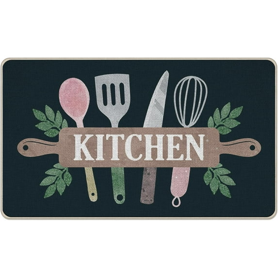 Kitchen Cooking Utensil Decorative Front Door Mat, Kitchen Ware Doormat Indoor Outdoor Non-Slip Floor Entryway Rug, Black Home Kitchen Decoration 17x30 Inch