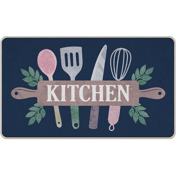 Kitchen Cooking Utensil Decorative Front Door Mat, Kitchen Ware Doormat Indoor Outdoor Non-Slip Floor Entryway Rug, Black Home Kitchen Decoration 17x30 Inch
