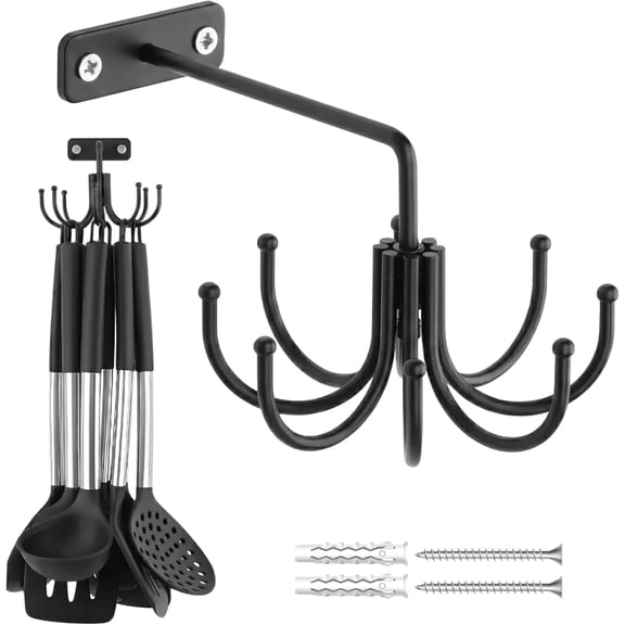 Kitchen Cooking Utensil Holder, 360 Rotating Kitchen Hooks for Hanging Utensils, Heavy Duty Metal Utensil Rack with 8 Storage Capacity for Utensil, Towel, Pot, Glove, Aprons, Black