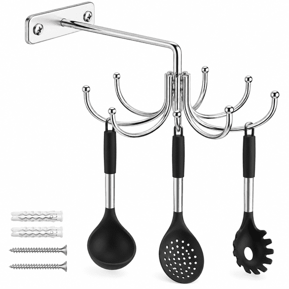 Kitchen Cooking Utensil Holder, 360 Rotating Kitchen Hooks for Hanging Utensils, Metal Utensil Rack with 8 Storage Capacity for Utensil, Towel, Pot, Glove, Aprons, Silver