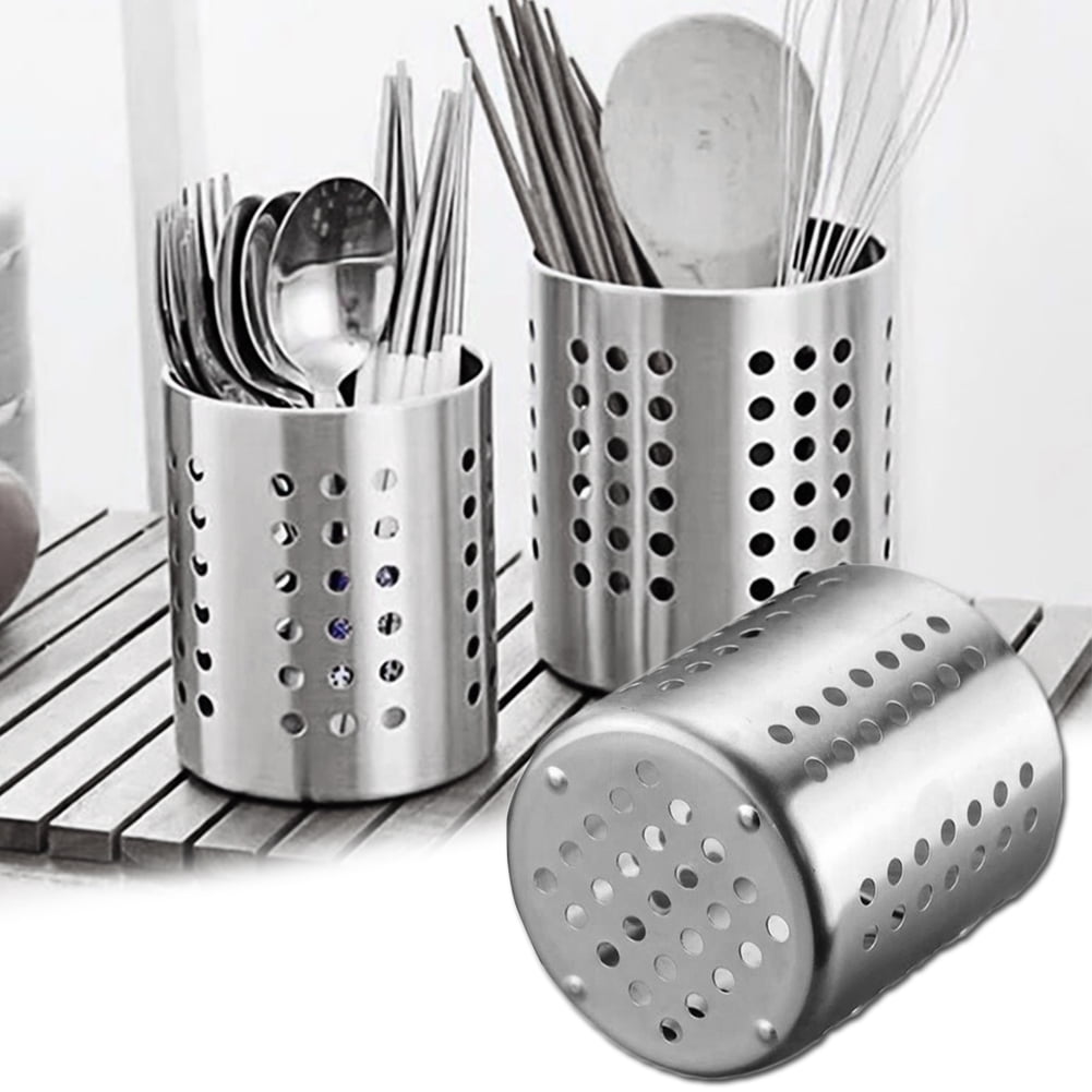 Kitchen Cooking Utensil Holder Stainless Steel Flatware Drying Cylinder Caddy with Drain Holes for Forks Spoon