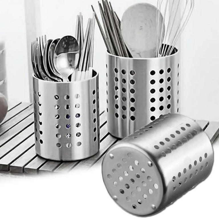 Kitchen Cooking Utensil Holder Stainless Steel Flatware Drying Cylinder Caddy with Drain Holes for Forks Spoon