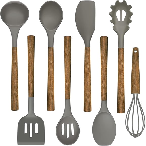 Kitchen Cooking Utensils Set, 12 pcs Non-Stick Silicone Cooking Kitchen Utensils Spatula Set with Holder, Wooden Handle Silicone Kitchen Gadgets Utensil Set