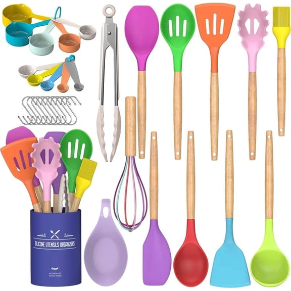 Kitchen Cooking Utensils Set, 33 count Non-stick Cooking Kitchen Utensils Spatula Set with Holder, Wooden Handle Kitchen Gadgets Utensil Set (Colorful)