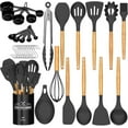 thumbnail image 1 of Kitchen Cooking Utensils Set, 33 pcs Non-stick Silicone Cooking Kitchen Utensils Spatula Set with Holder, Wooden Handle Silicone Kitchen Gadgets Utensil Set (Black), 1 of 7