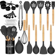 Kitchen Cooking Utensils Set, 33 pcs Non-stick Silicone Cooking Kitchen Utensils Spatula Set with Holder, Wooden Handle Silicone Kitchen Gadgets Utensil Set Black