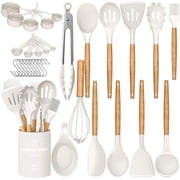 Kitchen Cooking Utensils Set, 33 pcs Non-stick Silicone Cooking Kitchen Utensils Spatula Set with Holder, Wooden Handle Silicone Kitchen Gadgets Utensil Set Cream White