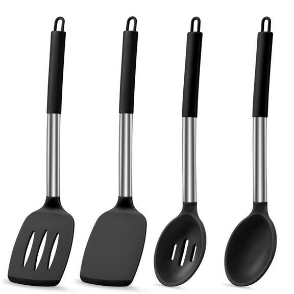 Kitchen Cooking Utensils Set of 4,Silicone Spatula Cooking Spoon Set for Nonstick Cookware,Heat Resistant Kitchen Gadget Tools with Stainless Steel Handle,Heat Resistant Utensils,Black