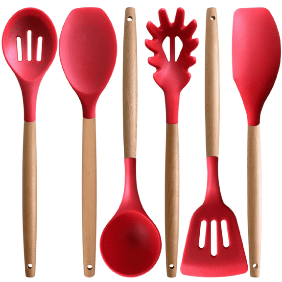 Kitchen Cooking Utensils Set 6Pcs Heat Resistant Silicone Kitchen Utensils Spatula Spoon Turner Ladle w Wooden Handle, BPA FREE Silicone Cooking Tool Gadget Set for Nonstick Cookware & Baking