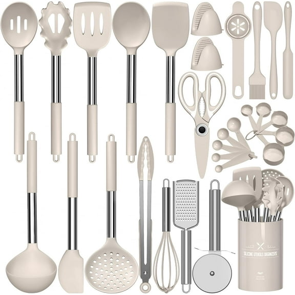 Kitchen Cooking Utensils Set, Heat Resistant Silicone Kitchen Utensils Spatula Set with Holder, 30 PCS Khaki Kitchen Utensil Gadgets Tools Set for Nonstick Cookware