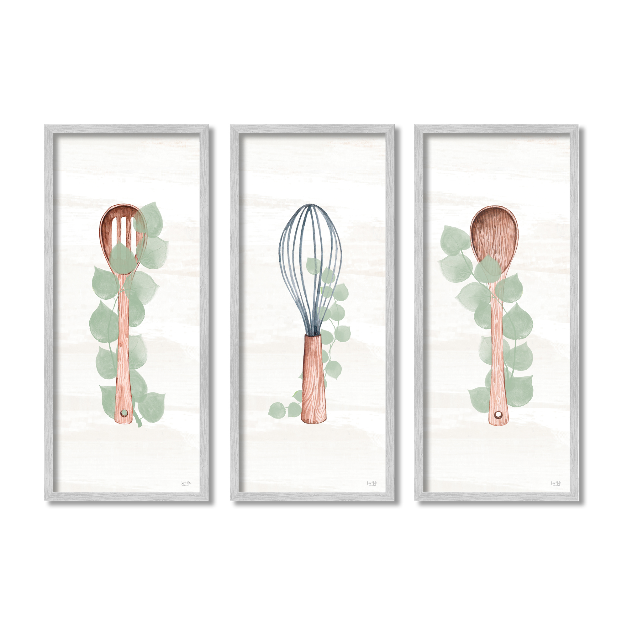 Kitchen Cooking Utensils Whisk Spoon Botanical Eucalyptus Food & Beverage Painting Framed Art Print Wall Art, Set Of 3