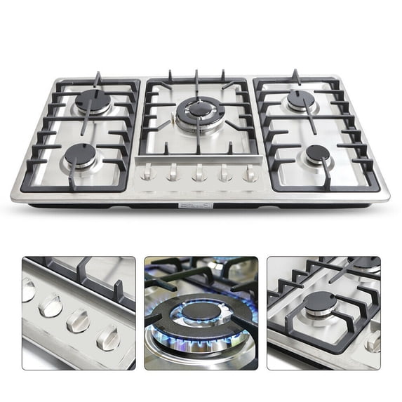 Kitchen Cooktop 34" Built-In Stove Top 5 Burners Gas Cooktop Kitchen NG Gas Cooking Easy Clean Stainless Steel 5 Burners Built-In Stove Cooktop Gas NG/LPG Hob Cooker Natural Gas Stove Kitchen